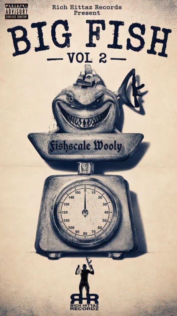 Big Fish Vol 2 cover art: the Fishscale Wooly piranha on a kitchen scale, wrapped in flame.